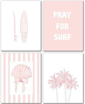 JINYO Coquette Pink Bow Beach Surfing Wall Art Prints Set of 4, Beachy Room Decor, Pink Striped Palm Surfboard Coastal Wall Decor Posters Pictures for Girls Room Home, 8x10 Unframed