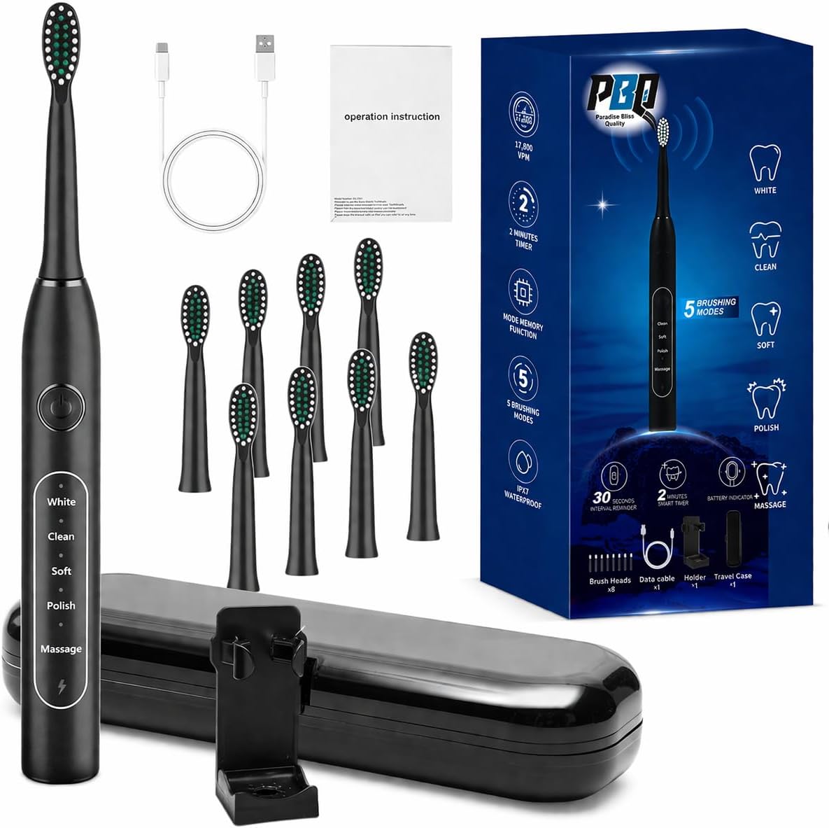 Electric Toothbrush for Adults with 8 Replacement Brush Heads, SunnyNest Rechargeable Sonic Toothbrush with 5 Cleaning Modes, IPX7 Waterproof, Smart Timer Deep Clean Whitening Oral Care Kit