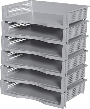 6-Pack Office Desk Tray Organizer, Stackable Paper Tray, Grey Letter Tray