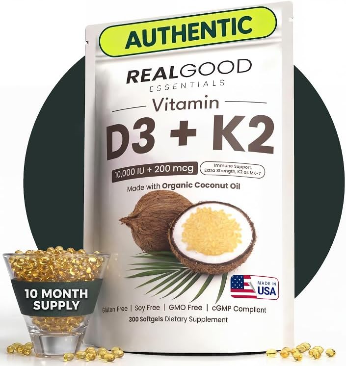 RealGood Essentials Vitamin D3 K2, D3 K2 Vitamin Supplement 10000 IU, K2 MK7 200 mcg, Coconut Oil Softgel Capsules, Bone and Heart Health Formula, Easy to Swallow, Clean Label, Made in USA, 300 Count