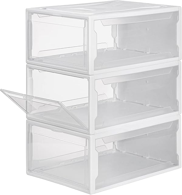 Yorbay Shoe Box, 3pcs Transparent Stackable Shoe Storage Boxes Organizer, Sturdy Plastic Clear Door and Lids, for Ladies Men's Shoes up to UK Size 13 Reusable (37x26x16 cm)