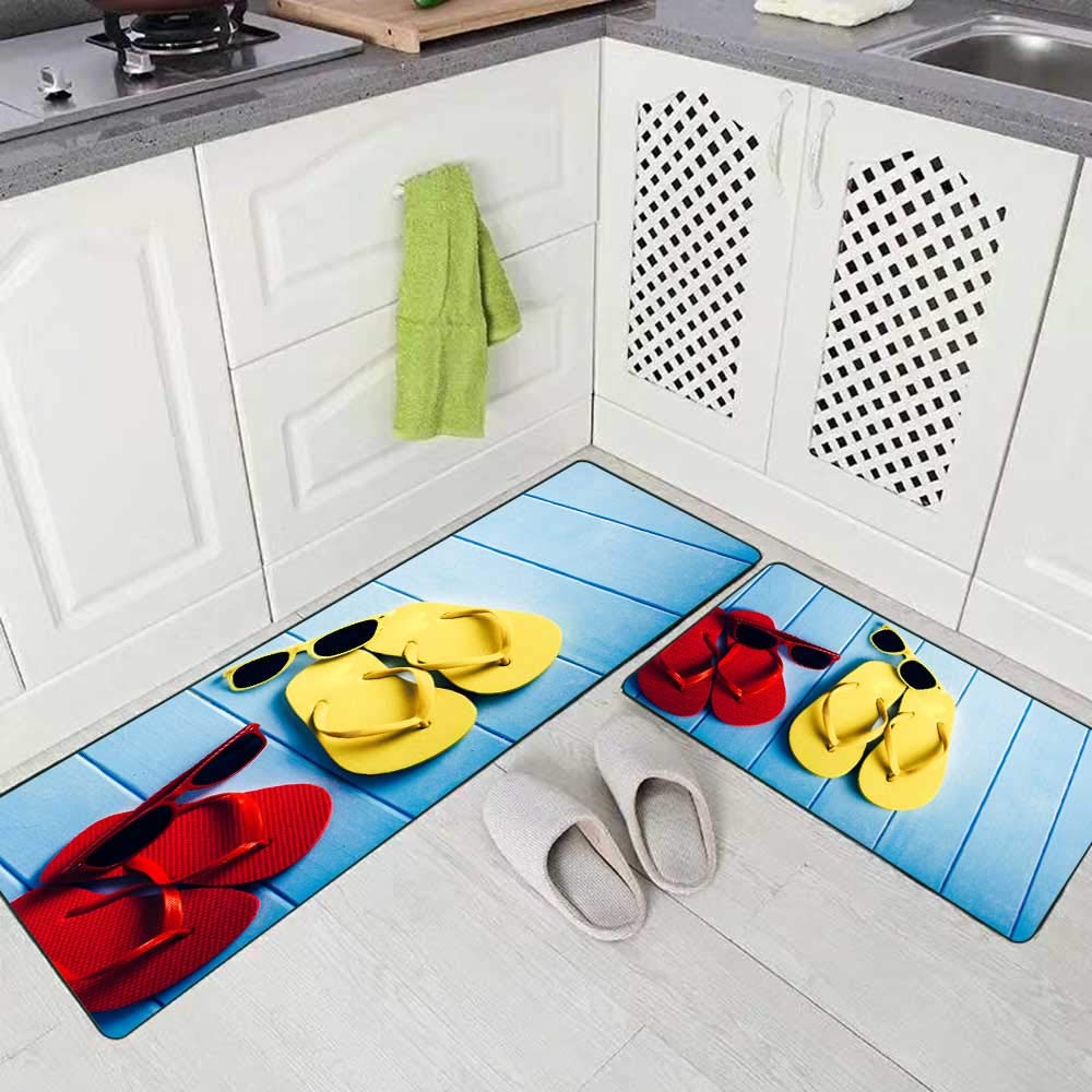 Musesh Kitchen Rugs 2 Pieces,Flip Flops Ball Tablet Seashell Starfish Tropical Flowers Sandy Beach Soft Non-Slip Kitchen Mat Set 17"X48"+17"X24" Rug for Kitchen
