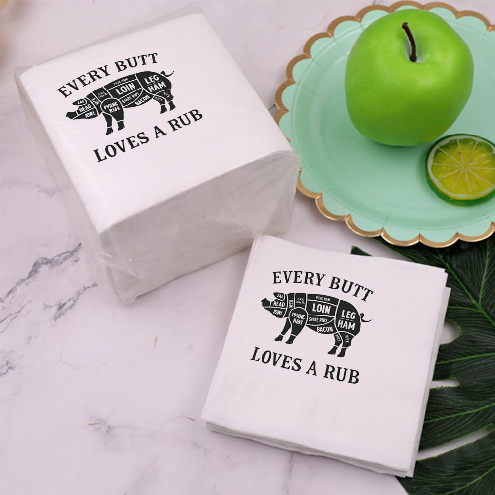 Every Butt Loves A Rub - Servilletas de cóctel con cita divertida para barbacoa, cumpleaños, comida, inauguración de la casa, picnic, festival, fiesta, 100 unidades, 4.5 x 4.5 pulgadas, 2 capas