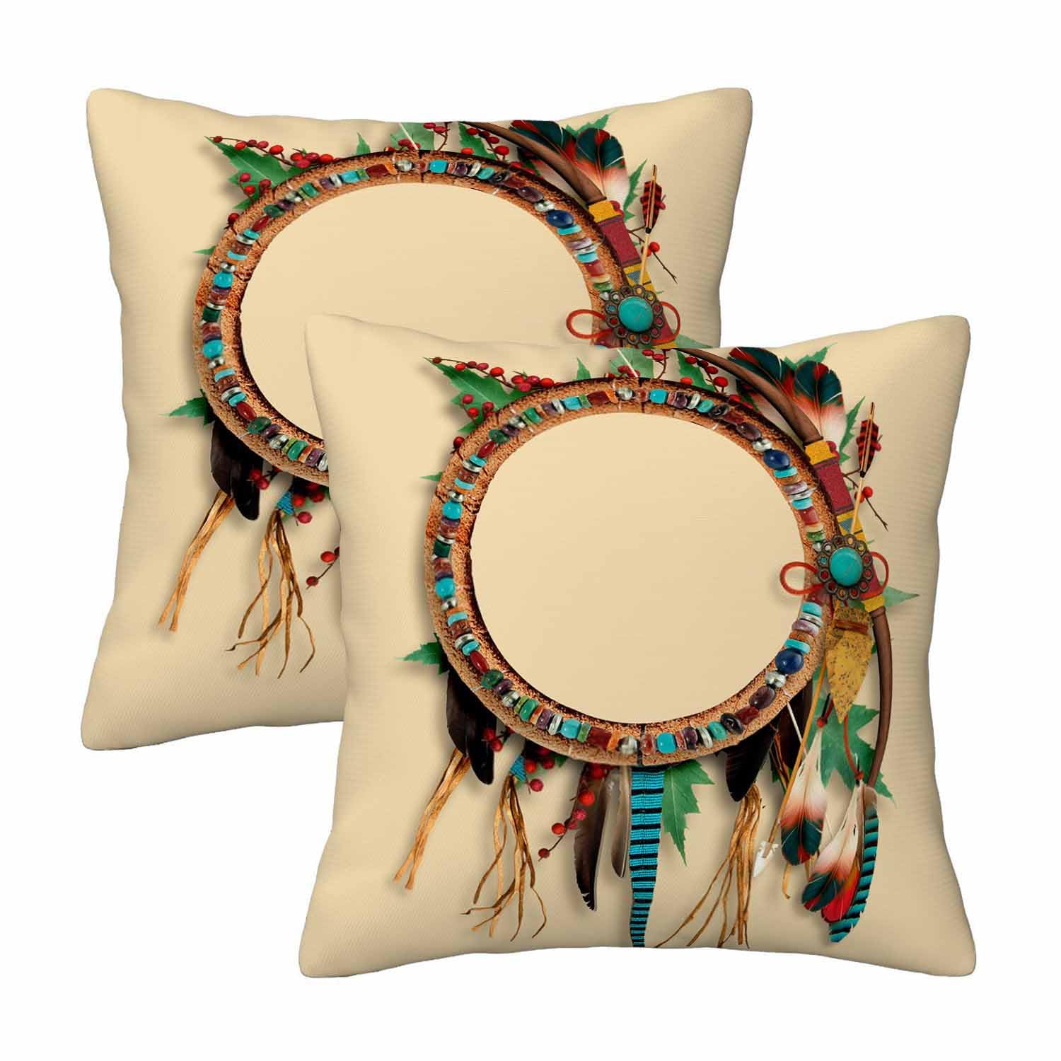 Orythyra Brown Feather Arrow Catcher Couch Pillow Covers 18 X 18 Western Southwest India Ethnic Turquoise Headwear Leaf Set of 2 Pillowcases Square