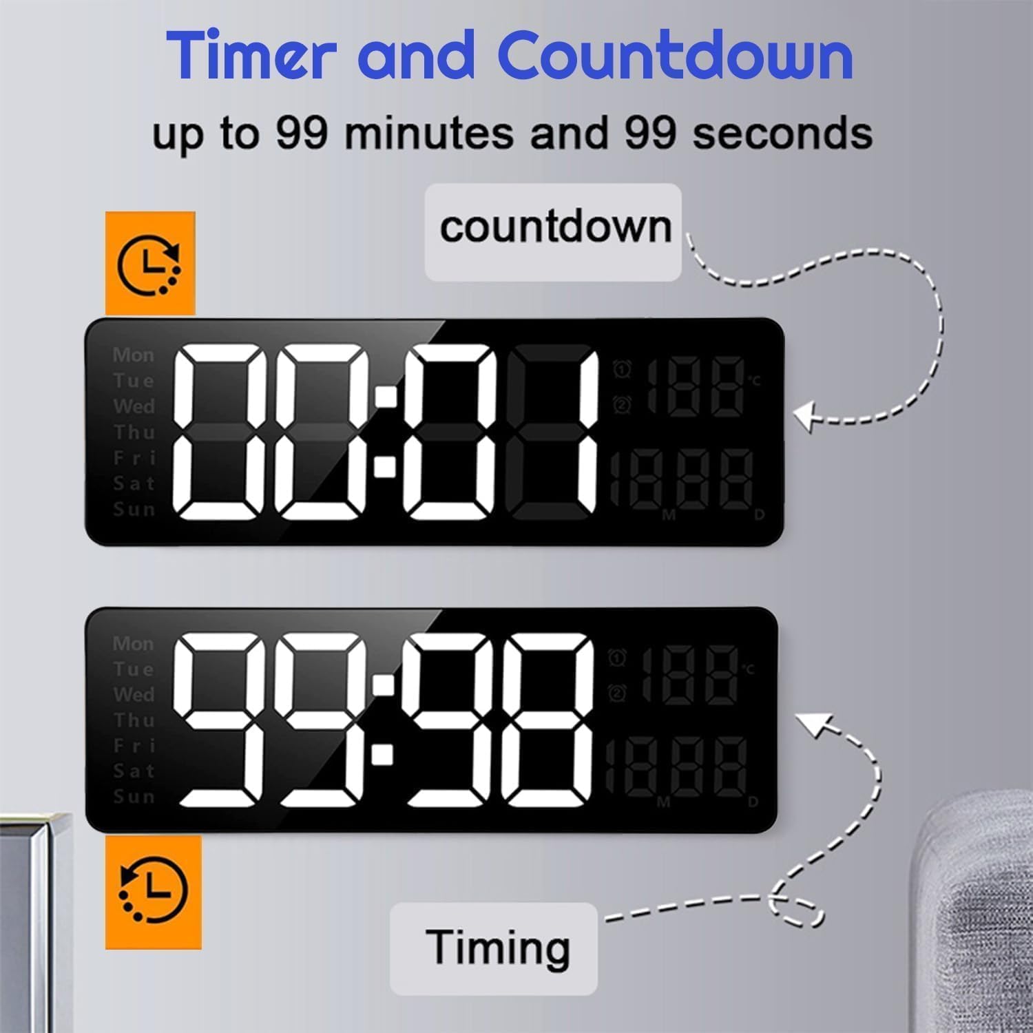 Digital Alarm Clock Wall/Table 16.2 Inch Large LED Display with Date & Week, Remote Control, Adjustable Brightness, Big Wall Clock for Bedroom, Living Room, Office.(White Orange Clock)