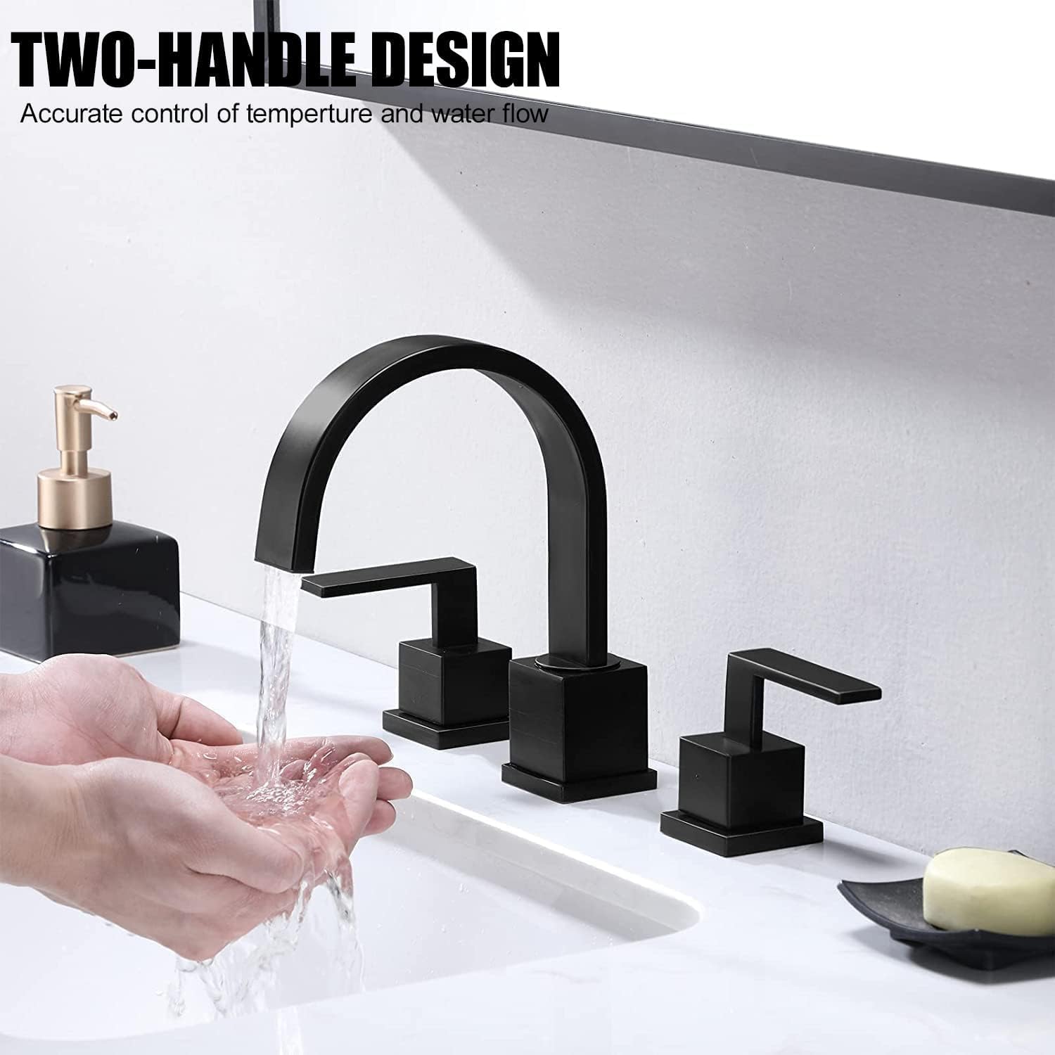 KINGO HOME Matte Black Bathroom Faucet, Black Faucet Bathroom 3 Hole 8inch Widespread Waterfall 2 Handle Black Faucets Bathroom Sink Vanity Faucet with Pop Up Drain and Supply Lines