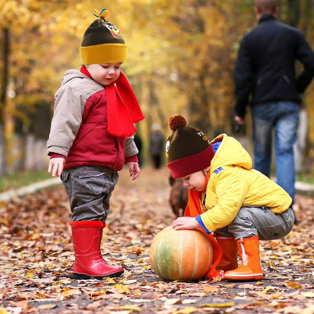 CAMIRUS 2PACK Thanksgiving Pom Pom Beanie Hats, Turkey Beanie Hat Running Hats Turkey Knitted Cap for Kids Adults Thanksgiving Dress up Party Orange