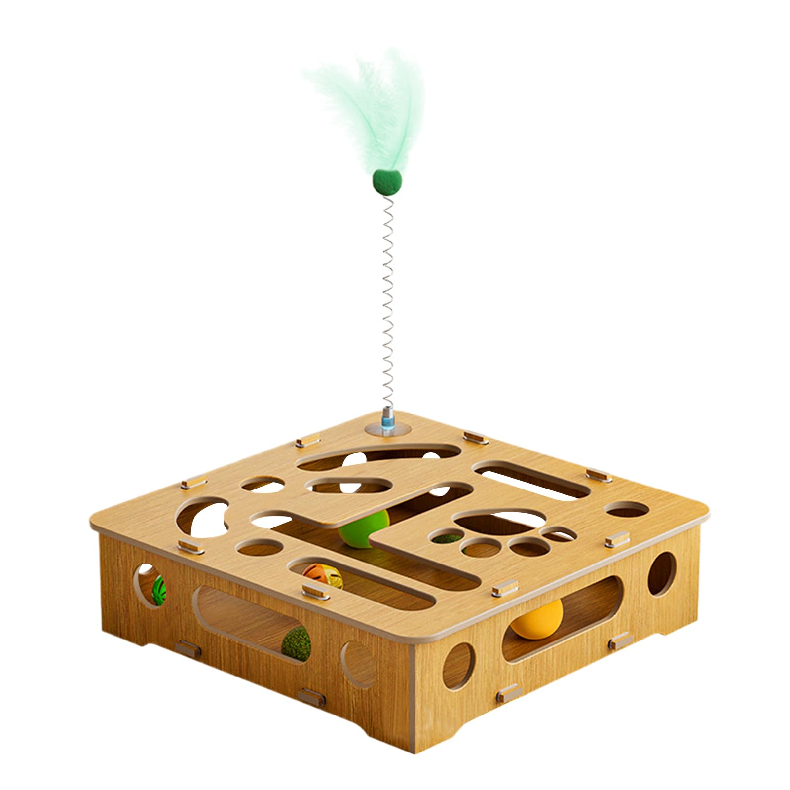 Juguete de rompecabezas para gatos, juguetes interactivos, caja de madera con plumas y bolas, para gatos de interior