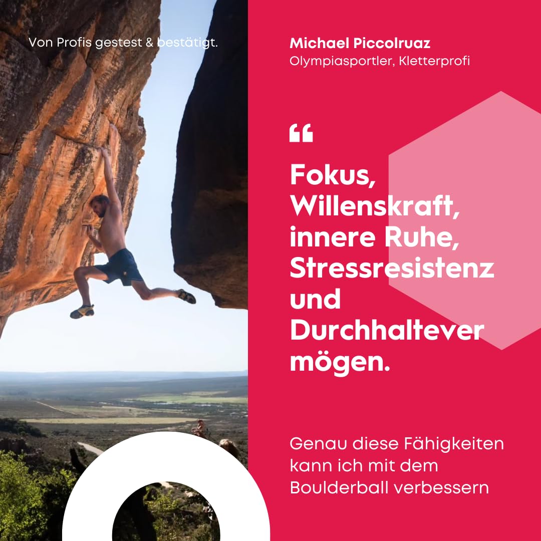 BOULDERBALL POWER Set di allenamento per la forza di dita, mano e avambraccio. Con Boulderball, anello grip, fascia estensore e piano di allenamento. Per arrampicatori, atleti e uso quotidiano.