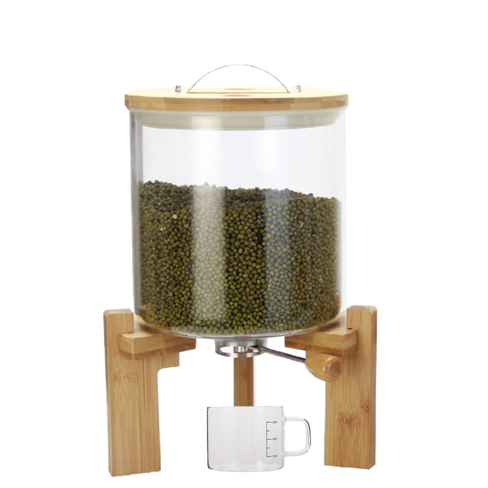 Dispenser di riso, contenitore per la conservazione cereali di riso ermetico a prova di polvere, ripiano distributore di cereali in vetro, misurino + supporto in legno di bambù, a prova di umidità p