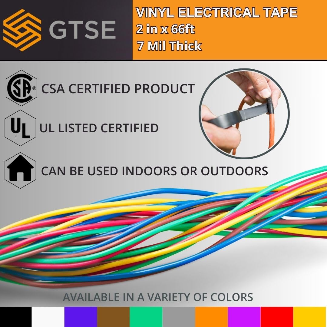 GTSE Nastro elettrico largo, confezione da 10 pezzi, impermeabile, in vinile di grado industriale, 5,1 cm x 1,8 m, forte nastro elettrico autoadesivo in PVC per isolamento dei fili, 7 mil, 600 V - UL