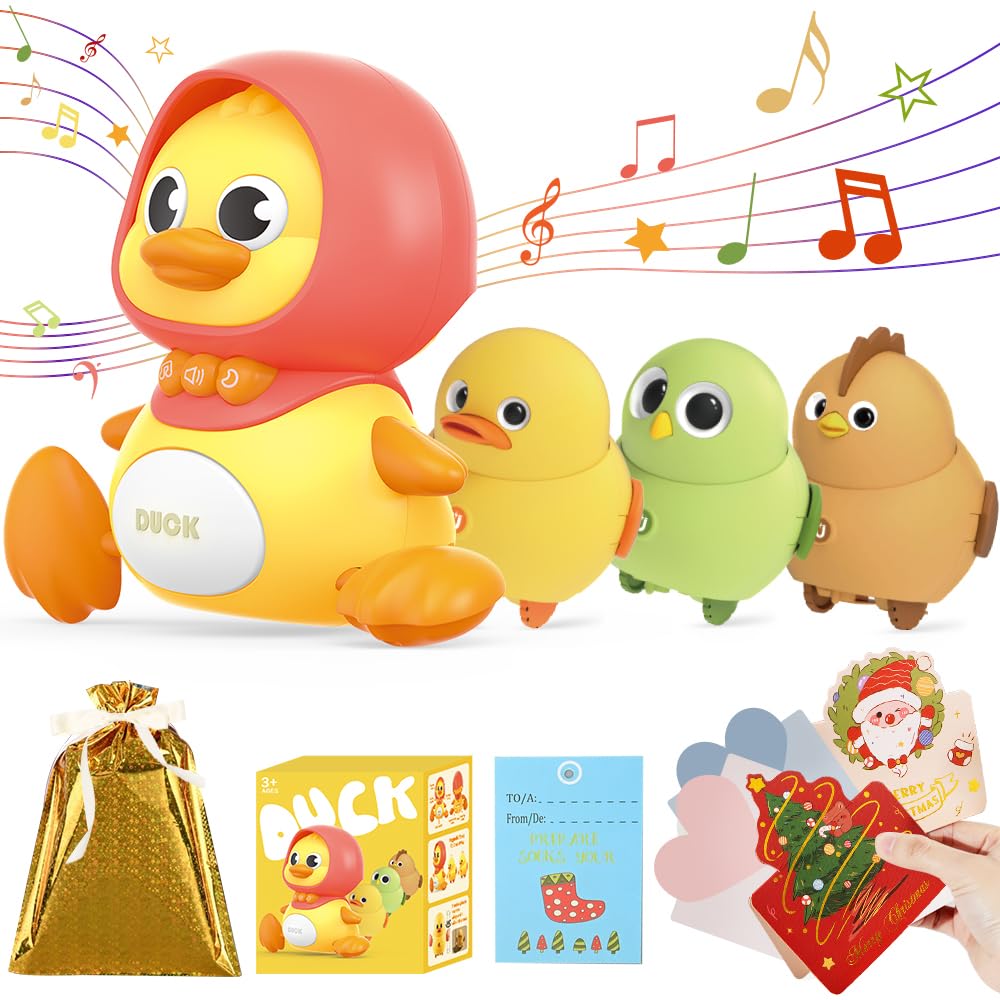LUSTERMOON 4 Pcs Baby Toys Musical Duck Crawling Baby Toys Set with Music & Light, Early Learning Educational Toy for Babies 12 Months 18 Months Birthday Toy for 1 2 3 Year Old Boys Girls (Yellow)