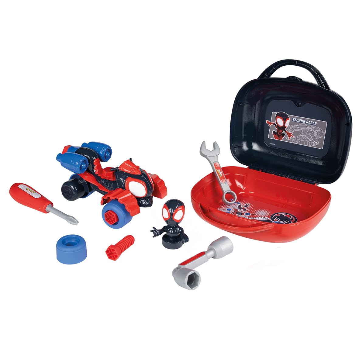 Smoby - Spidey - Spin Box - Miles Morales Tool Case - Screwdriver, Flat Wrench, Pipe Wrench, Screws, Wheels - Easily Transportable - From 3 Years - Made in France