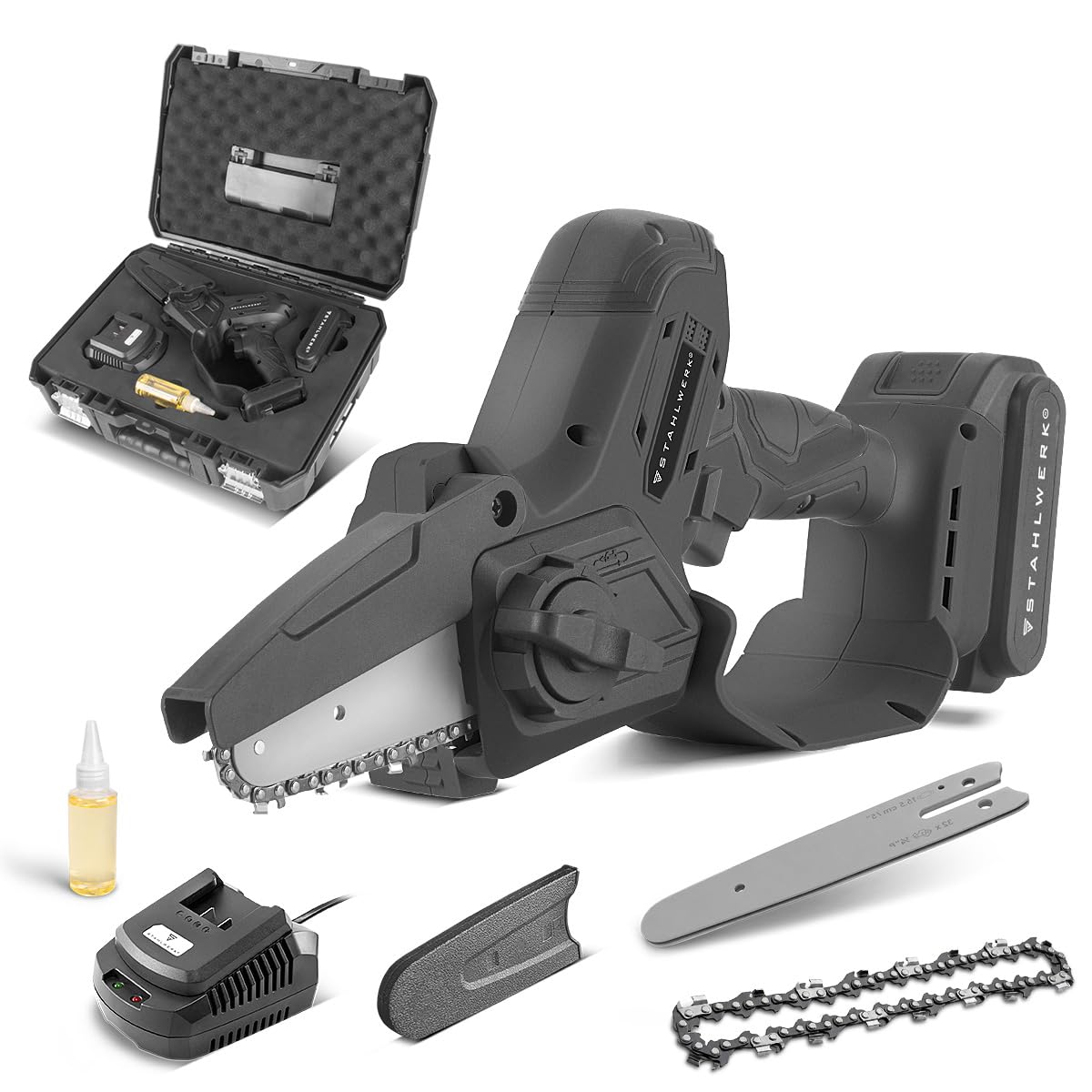 STAHLWERK Mini motosega a batteria (MAK-20 ST) – Set con batteria da 2 Ah, caricabatterie, catena di ricambio e spada di ricambio, sega a mano senza brushless, 6"/15,2 cm, 4,8 m/s, per legno, rami