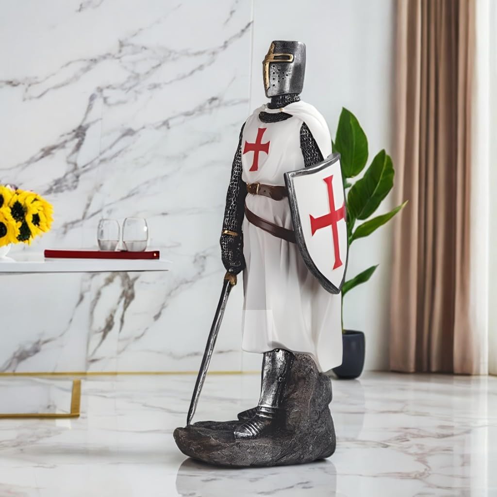 ICE ARMOR Hand Painted 12" H White Crusader with Sword and Shield Figurine Statue Sculpture Ornament Decoration Home/Room Decor Ideas for Housewarming, Holidays and Birthdays