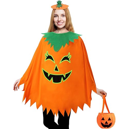 3 Pcs Pumpkin Costume for Adult,Glow in the Dark Pumpkin Costume Women with Headband/Bag,Pumpkins Halloween Costume Dress Up