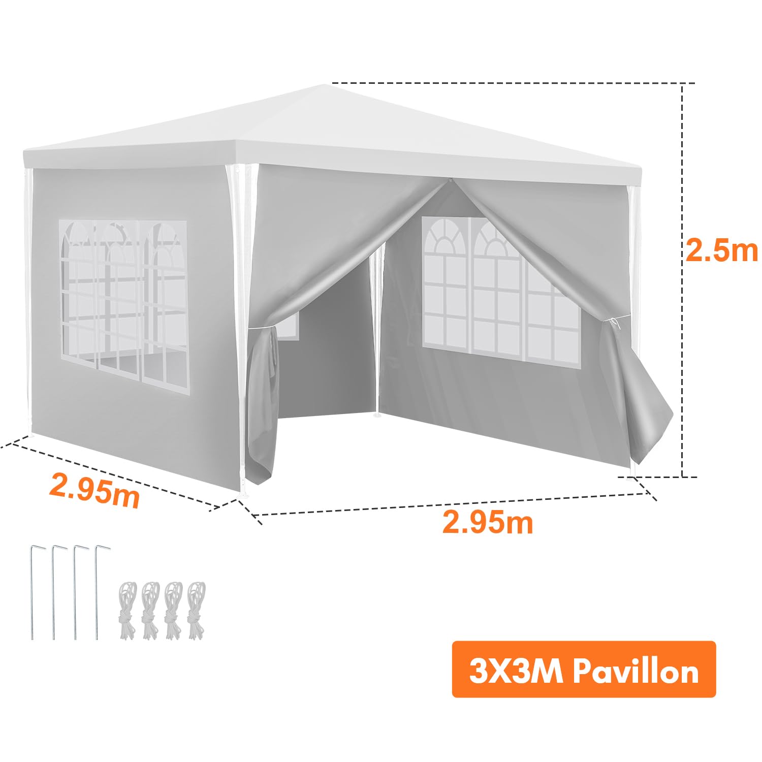 Carpa de jardín de 3 x 3 m, resistente al agua, con paneles laterales y ventanas, protección solar, carpa exterior para fiestas, camping, festivales, color blanco