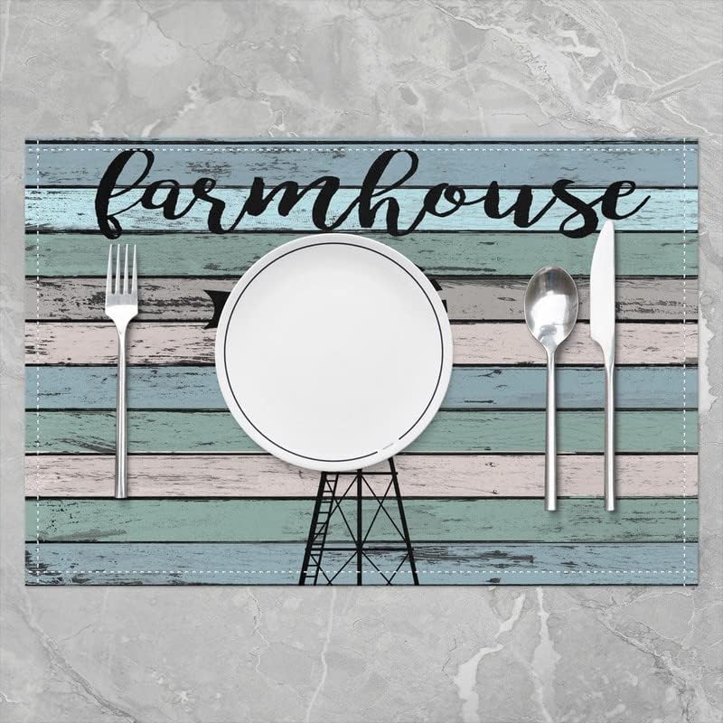 Miniatura 2 de Juego de 4 manteles individuales rústicos con molino de viento para mesa de comedor, tablones de madera color azul turquesa, lavables, manteles