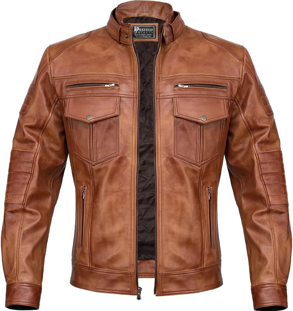 الحصري - جاكيت جلد بلون سادة للرجال من كافيه ريسر بتصميم دراجة... - view 1