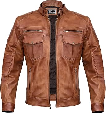 Men Cafe Racer Motorcycle Style Solid Leather Jacket Slim Fit Motorcycle Brown Cafe Racer Leather Jacket