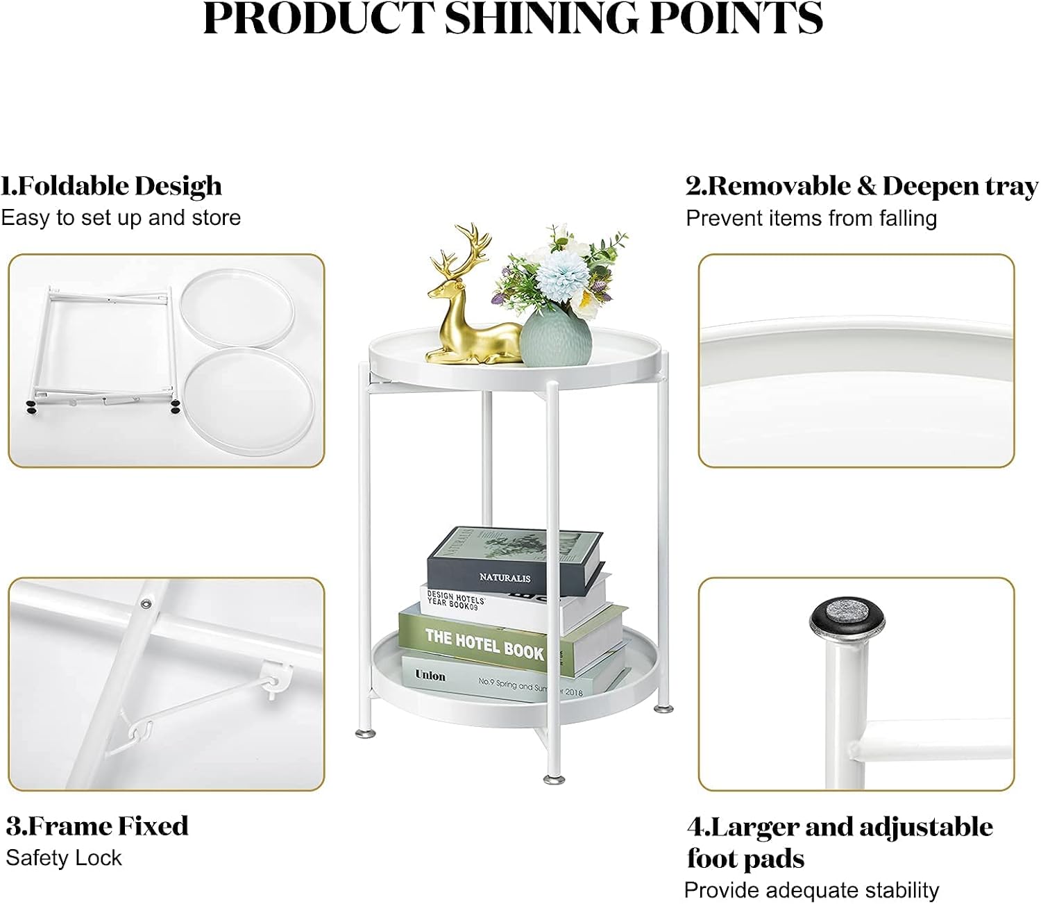 danpinera 2 Tier Metal Side Table with Removable Tray, Folding End Table Round Side Table Small Accent Table, Anti-Rust White Nightstand for Bedroom Balcony Patio (White)