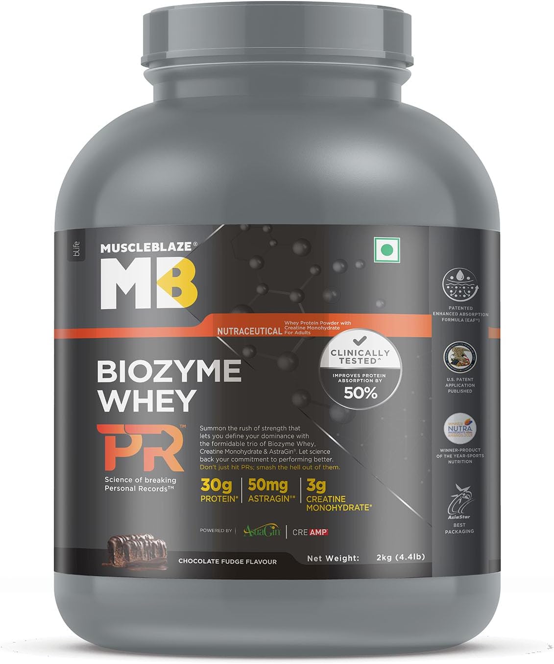 - Biozyme Whey Protein PR Powder with 30g Protein, 3g Creatine Monohydrate & 50mg AstraGin (Chocolate Fudge, 2kg / 4.4lbs) | Trustified Gold Certified