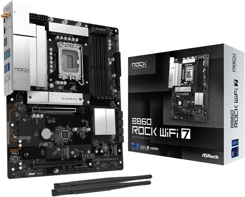 ASRock B860 Rock WiFi 7 ATX Motherboard, Supports Intel Core Ultra Processors (Series 2, LGA1851), DDR5 8666+ (OC), PCIe 5.0, WiFi 7, 2.5G LAN, Dr.MOS