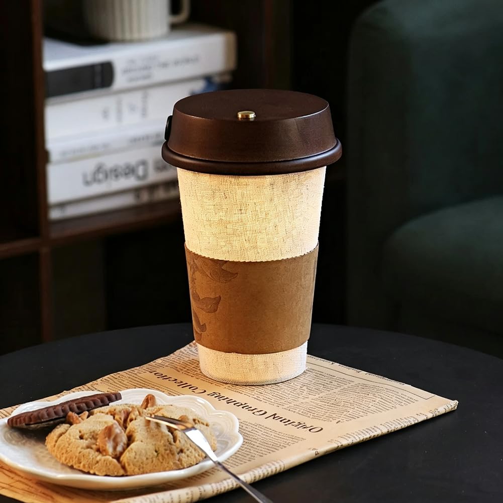 Kaffeetasse Nachttischlampe mit Touch Schalter Dimmbar Kabellos Tischlampe Holz + Stoff Lampenschirm Nachtlicht Kaffeetassen Dekorative Lampe Batterie Beleuchtung Innen Cafélampe