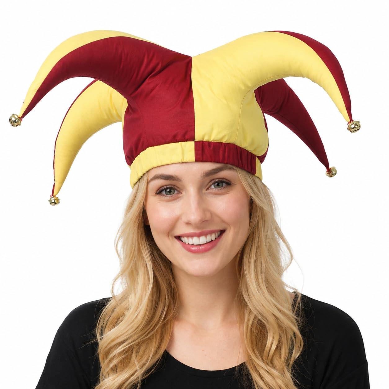 ANDHOM Jester Hat Clown Joker Costume Accessory with Bells for Halloween Christmas Carnival Mardi Gras Cosplay (Red&yellow)