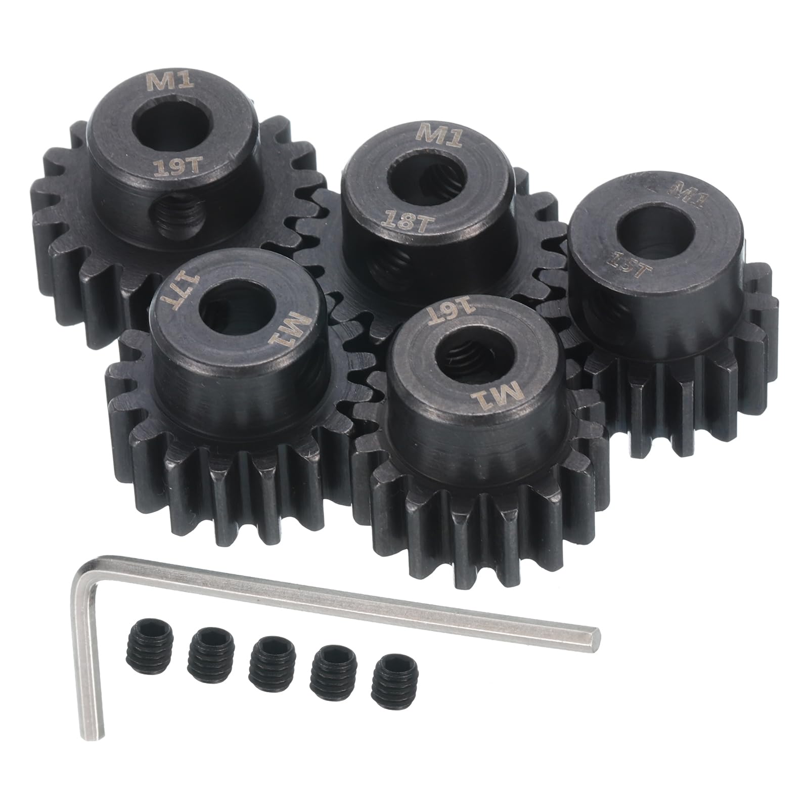 QUARKZMAN 5pcs RC M1 Moteur Pignon Engrenage 5mm Arbre 15T 16T/17T/18T/19T | Durci Pignon Engrenages Carbone Acier, pour 1 8 RC Modèle Voiture Bateau Drone