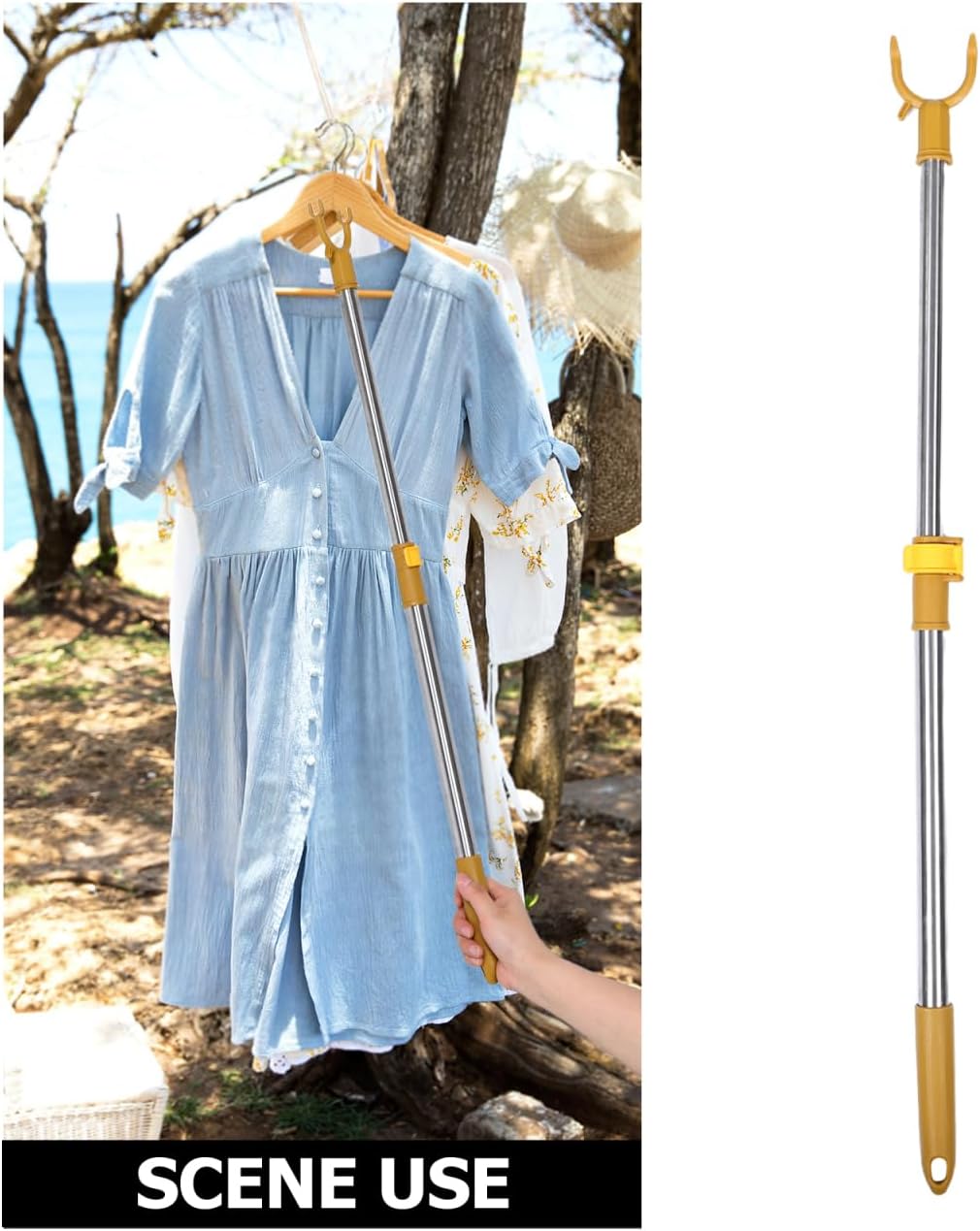 ABOOFAN Clothes Hook Pole Extendable Clothes Hanger Reach Stick for Hanging Garment,Light,Curtains Stainless Steel Tube with Plastic Hook