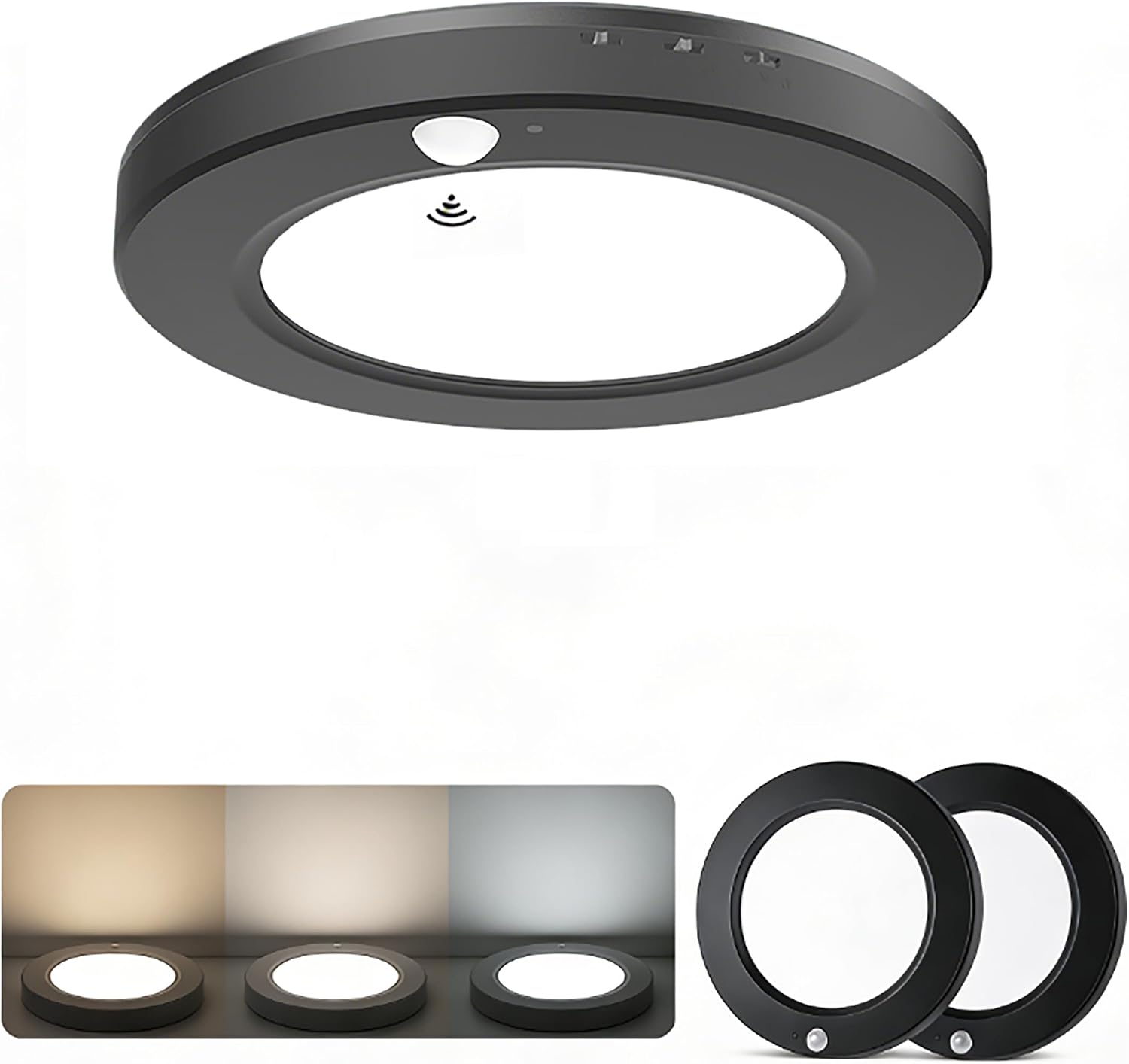 2 Pack 7.5 inch Motion Sensor Ceiling Lights Wired, 15W 1500lm 3CCT/3 Mode/30-120s Timer, Black Small LED Flush Mount Light Fixture Motion Activated for Closet, Pantry, Hallways, Stairwells, Garage