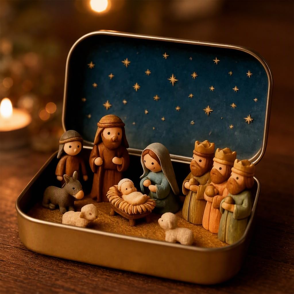 3PC Mini Christmas Nativity Set in Tin Box, Handcrafted Pocket Size Holy Family Figurines, Tabletop Mantel Decor, Meaningful Christmas Stocking Stuffer Gift for Family Church Members
