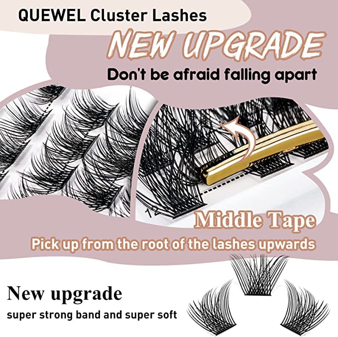 Cluster Lashes 72 Pcs QUEWEL Wide Stem Individual Lashes C/D Curl 8-16mm Length DIY Eyelash Extension False Eyelashes Soft for Personal Makeup Use at Home (natural02-C-MIX8-16) - Image 2