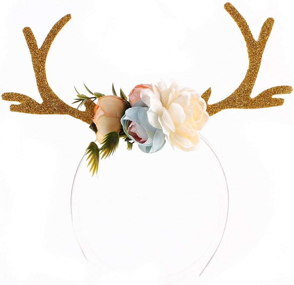 Ubbetter Girls Deer Antlers Ears Flower Headband Cosplay Costume (Khaki)