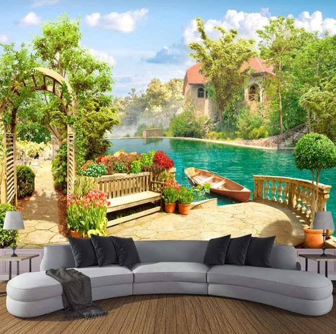 Papier peint effet 3D paysage de lac pour agrandir visuellement un petit salon