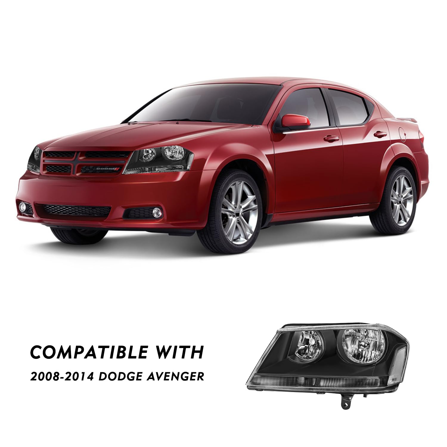 DOT Certified Headlights Pair Of Black Headlights For 2008-2014 Dodge Avenger RT - Left & Right Set (Halogen, Bulbs Not Included) Conjunto De Faros Delanteros - Foto 8