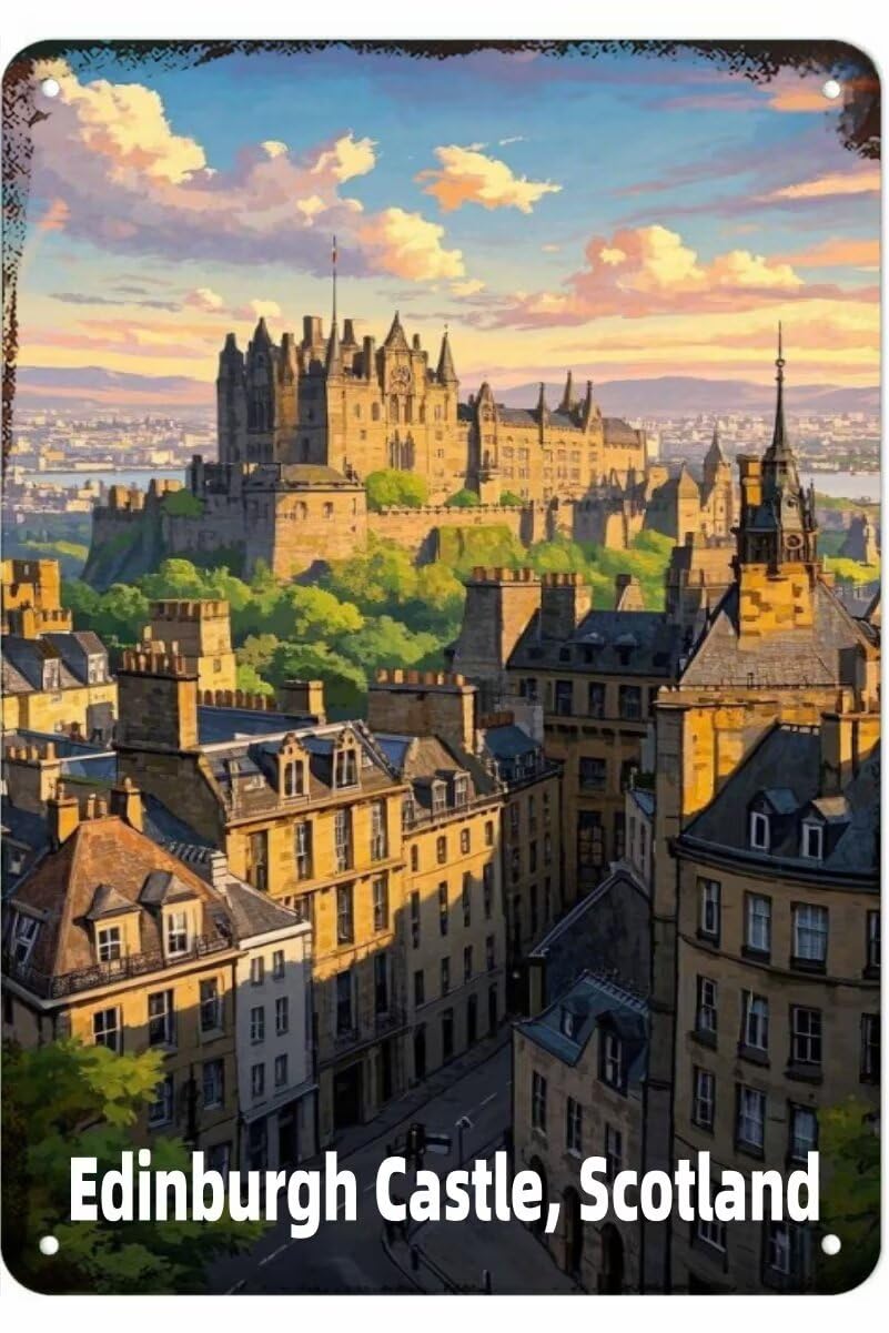 FJQWKLF Vintage Metal Sign Edinburgh Castle, Scotland Tin Signs Aluminum Sign Retro Wall Decor for Home, Cafe, and Garden 8x12 inch