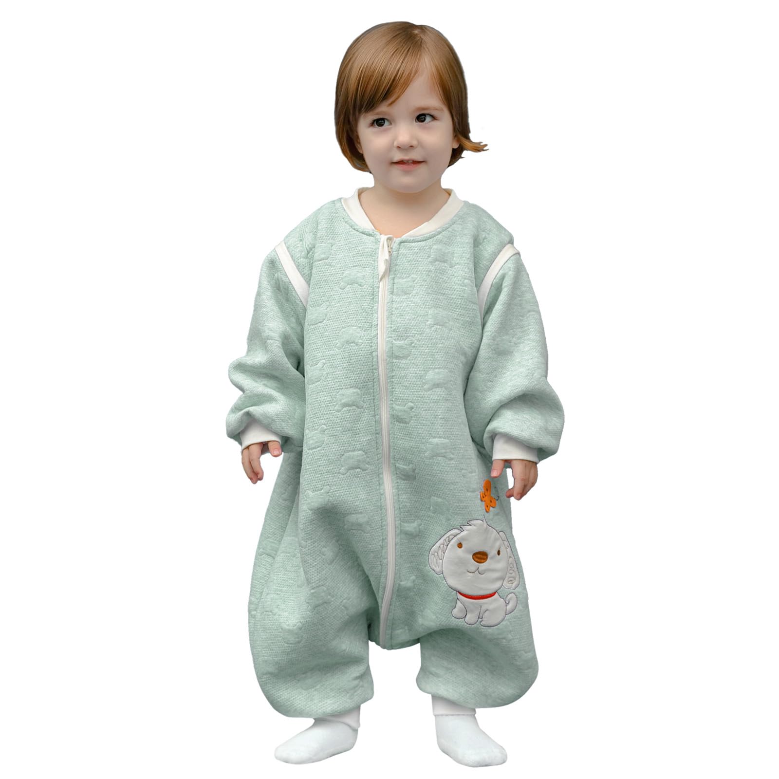 MIKAFEN Sacco nanna invernale a maniche lunghe, per bimbe e bimbi, con aperture per i piedi e motivo di cagnolino, in cotone, unisex, per tutto l'anno, Verde 12-36 mesi