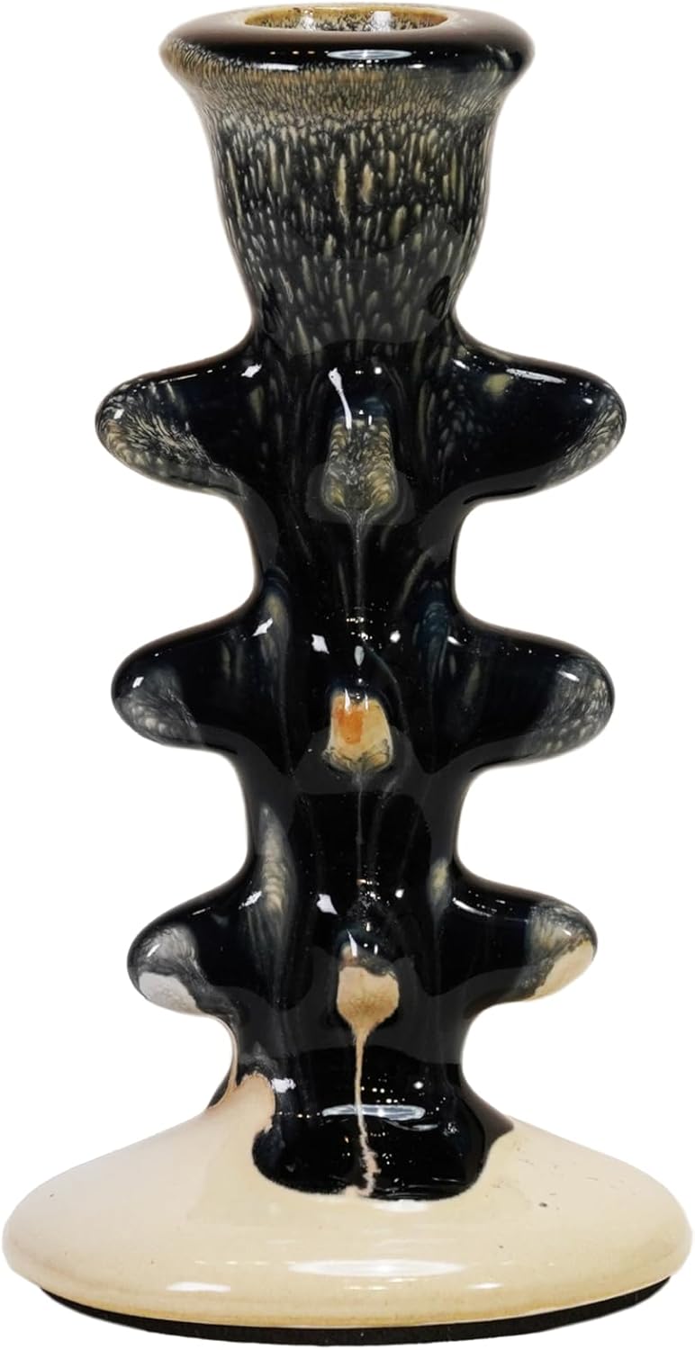 Creative Co-Op Terra-Cotta Formed Taper Holder with Reactive Glaze, Navy Color