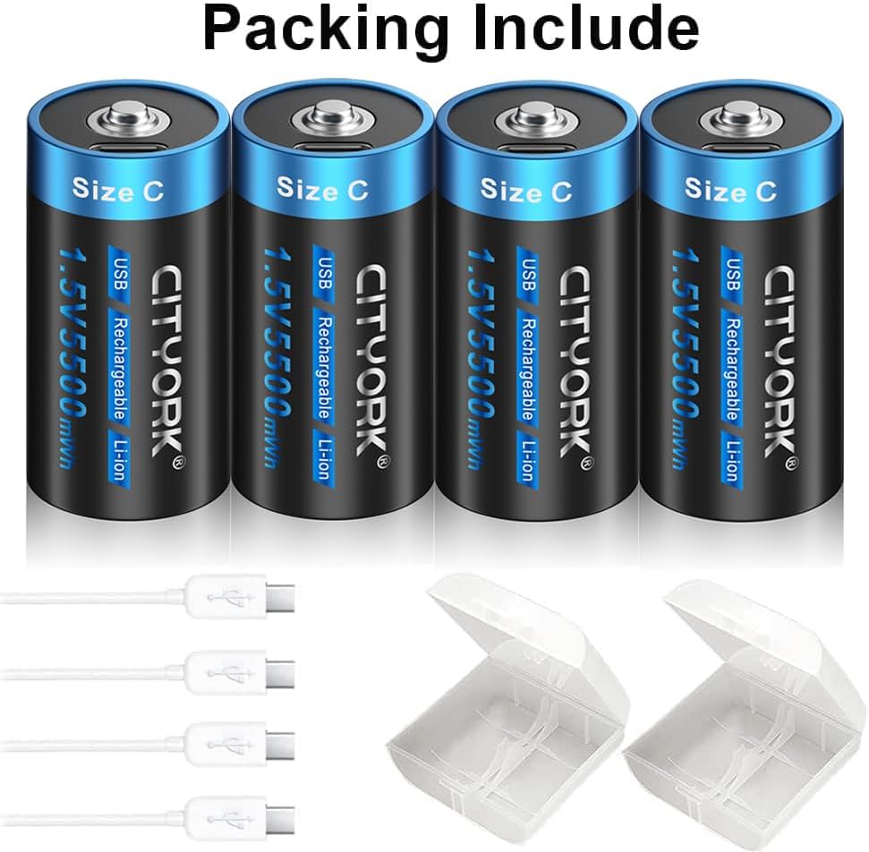 Miniatura 6 de Paquete de 4 baterías de litio C recargables USB tipo C de 1.5 V 5500 mWh, salida constante, baterías de iones de litio de celda C, carga rápida