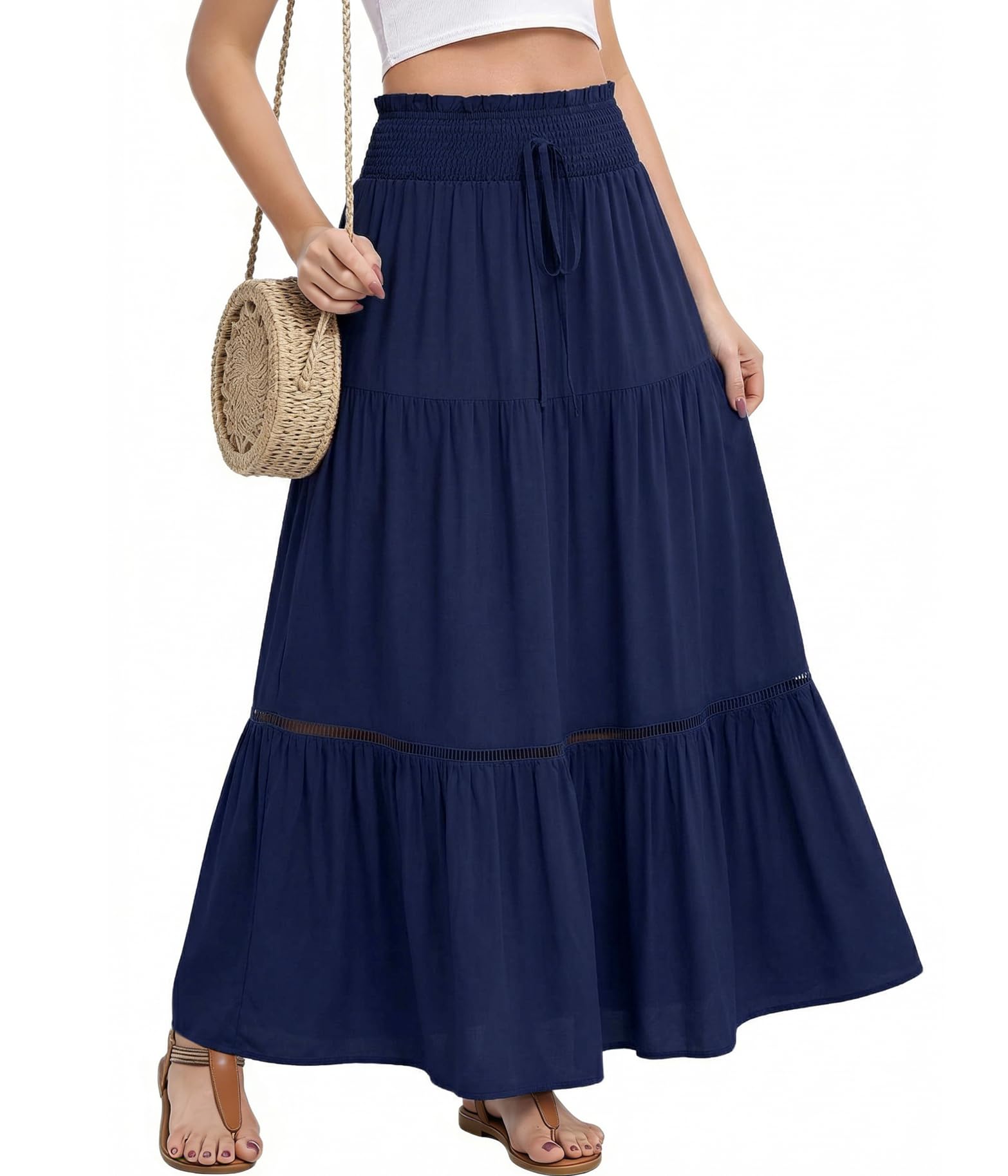 Jupe Longue d'été pour Femme Élastique Taille Haute Jupe Maxi Fluide A-Ligne Casual Élégante Jupe 2 en 1 Bohême Décontractée Vacances Plage
