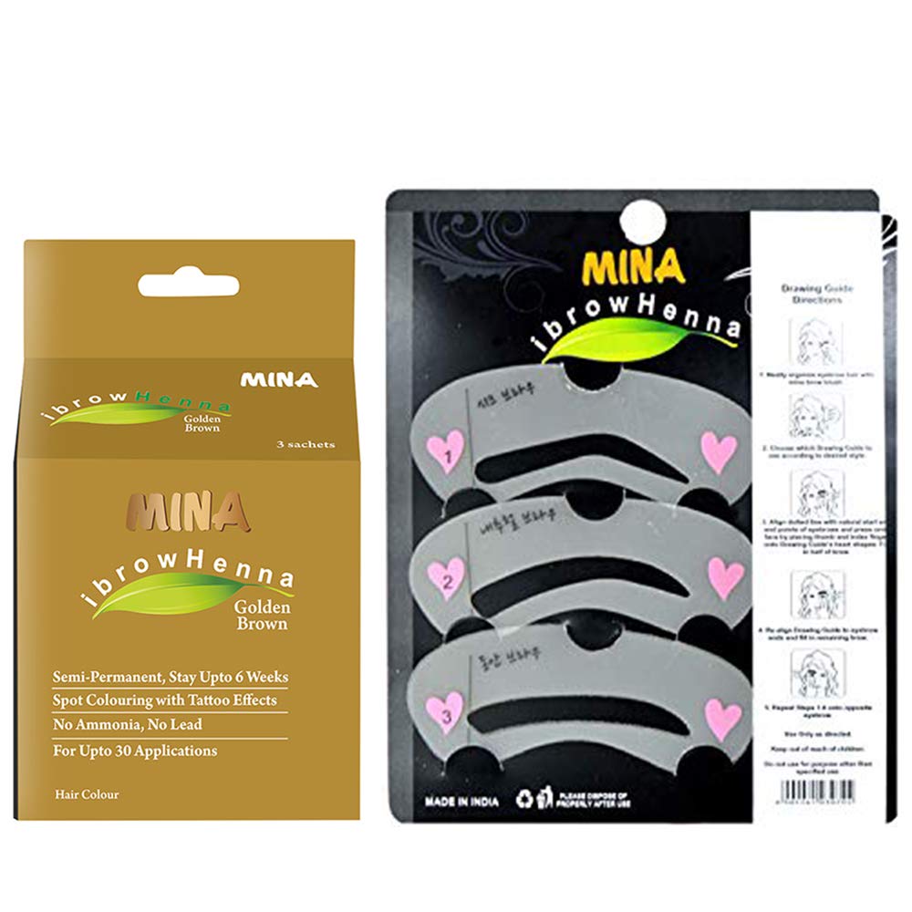 MinaiBrowMina ibrow Henna Golden Brown Tinting Kit & Regular Pack with Eyebrow Stencils-Combo Pack