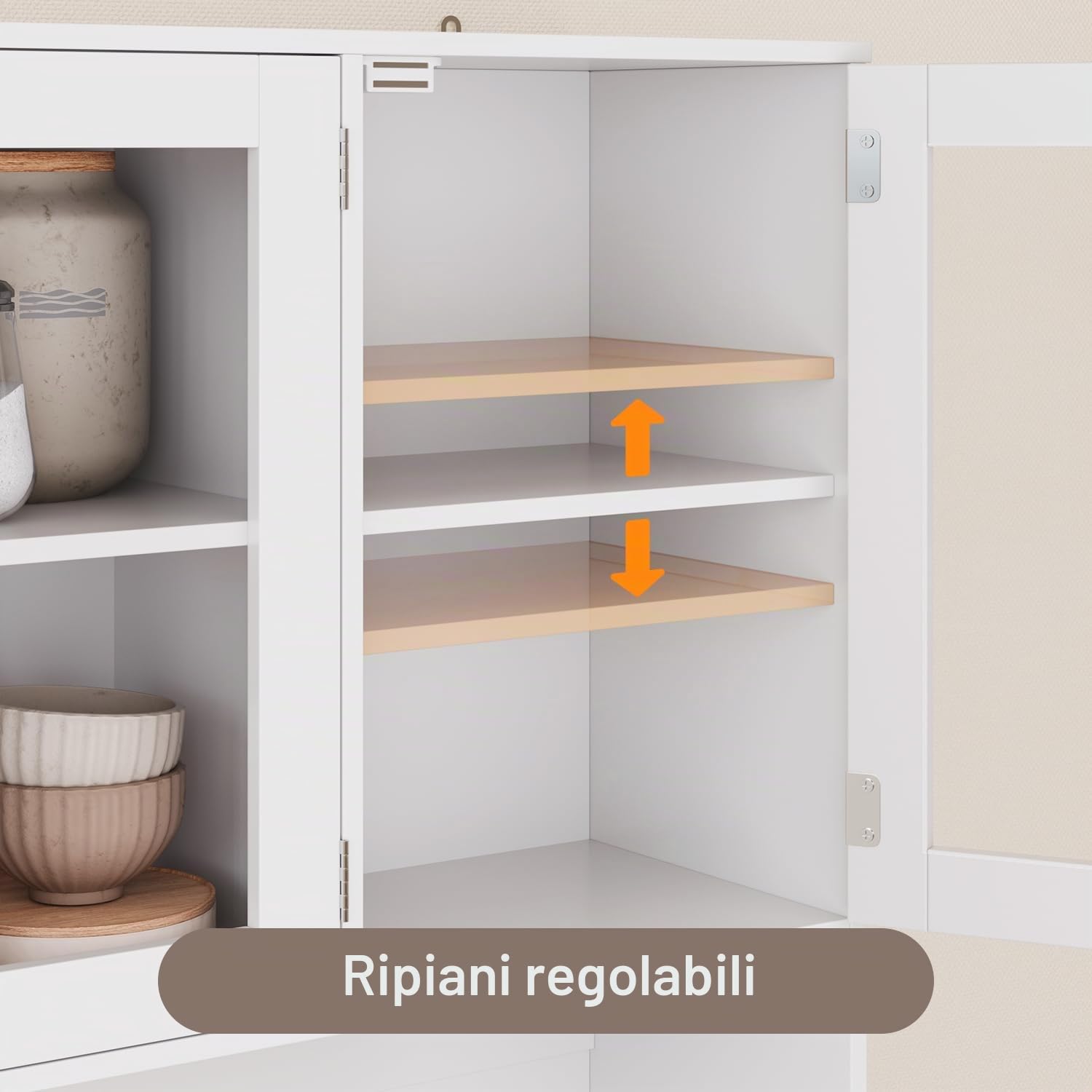 Xbro Credenza Cucina con LED e Presa Integrata, Coffee Station con Vano Microonde, Mobile Dispensa Salvaspazio con 5 Ante 3 Cassetti e Ante in Vetro, per Cucina Sala da Pranzo Soggiorno, 100x40x180 cm