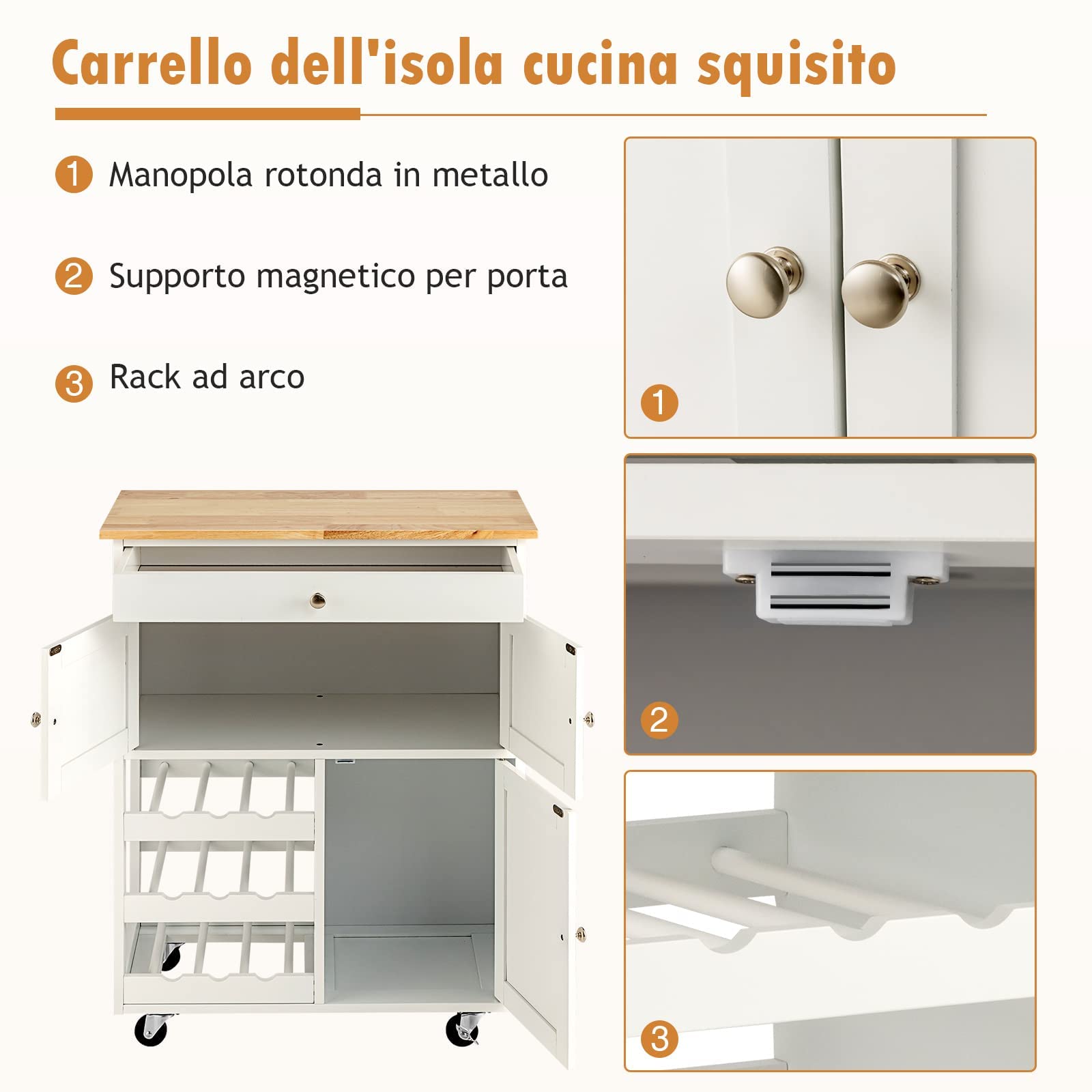 GYMAX Carrello da Cucina, Carrello Portavivande, Credenza da Cucina con Ruote, Cassetti e Portabottiglie, Carrello di Servizio con 3 Ripiani, Carrellino Salvaspazio e Multiuso, in Legno (Bianco)