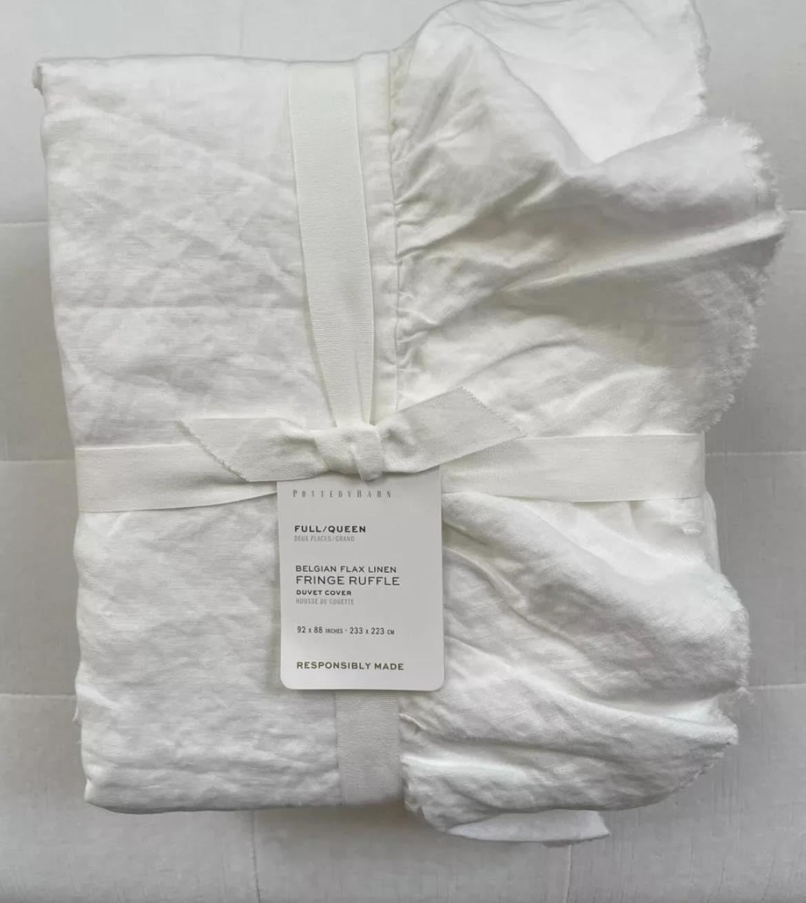 Pottery Barn Belgian Flax Linen Fringe Ruffle Duvet Cover Full/Queen ~*White*~
