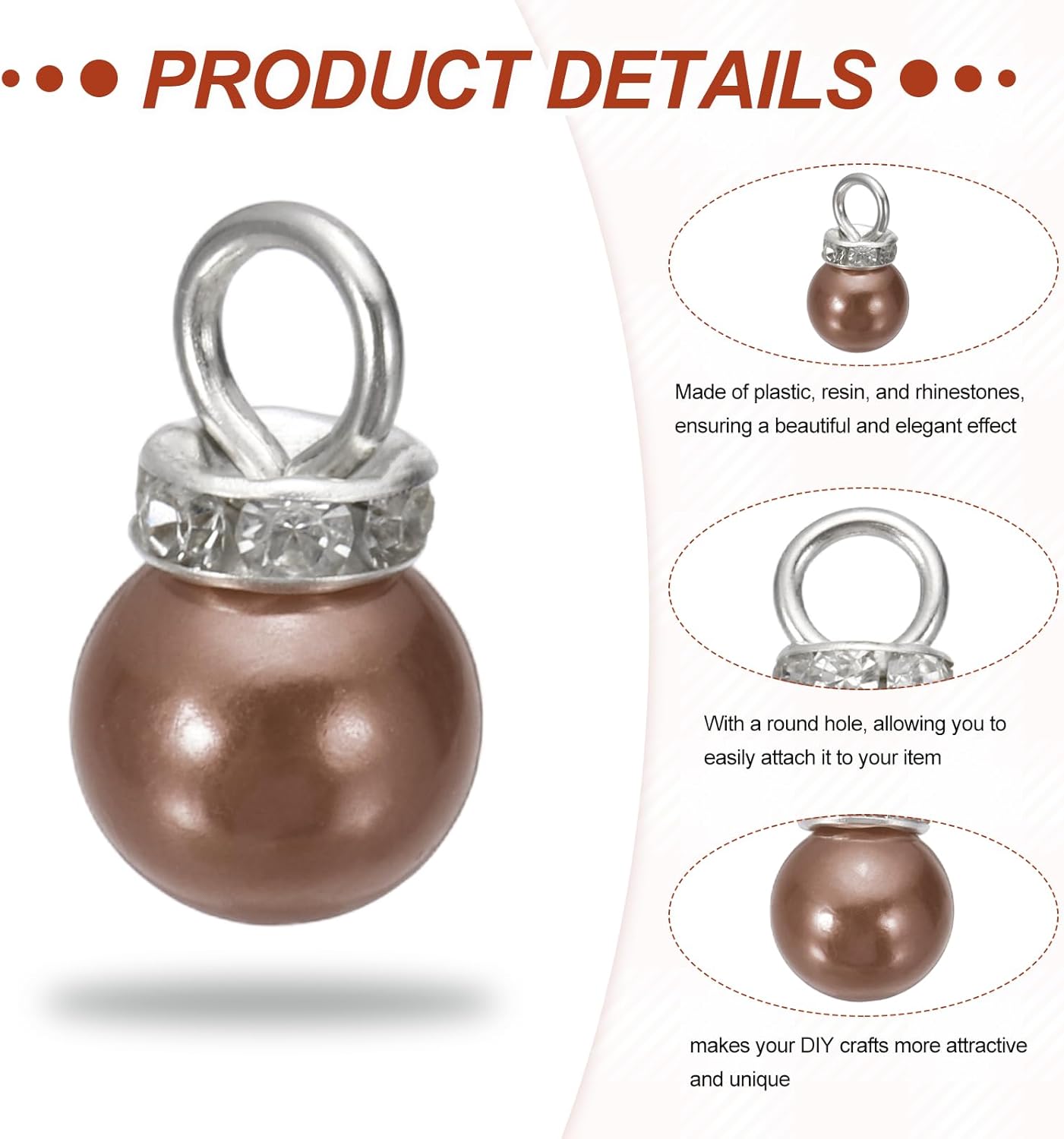 MECCANIXITY 100Pcs Imitation Pearl Pendant 10mm Faux Pearl Beads with Rhinestone for Dangle Jewelry Making Earrings Necklace Bracelets Crafts, Brown - Image 3