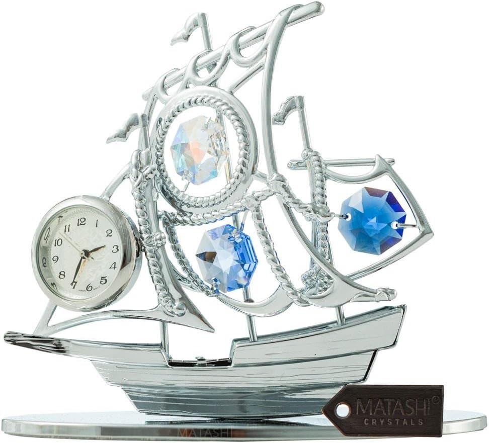 Matashi Crystal Studded Chrome Plated Silver Sailboat Clock Ornament with Blue Crystals โ Elegant Tabletop Timepiece for Living Room or Home โ Keepsake Gift for Women, Mom, Wife, Birthday, Anniversary