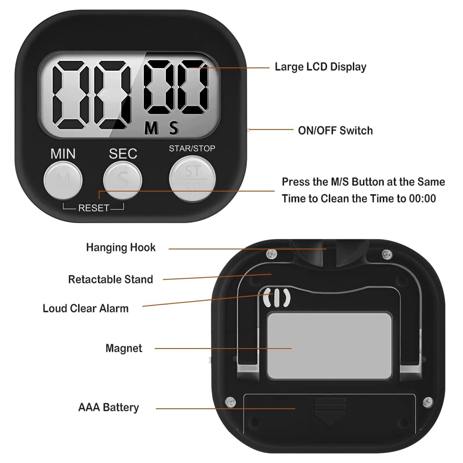 Timer Da Cucina Magnetico - 4 Pezzi Nero, Allarme Forte, Digitale, Per Studio, Esercizi, Cucina - Foto 12
