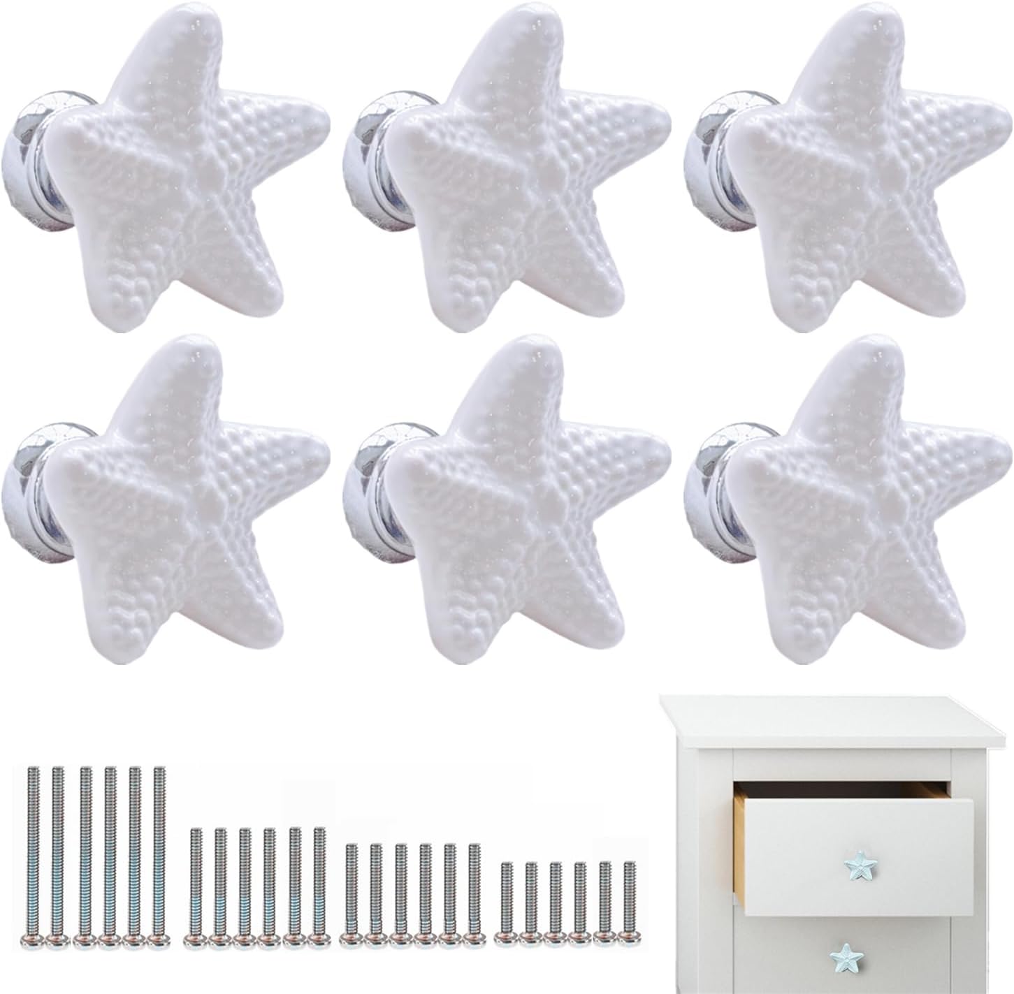 6 Pack Cabinet Handles White Ceramic Drawer Knobs Starfish Shape Cupboard Dresser Wardrobe Closet Door Knobs Pull Handles Coastal Kitchen Furniture Knobs with Long Short Screws